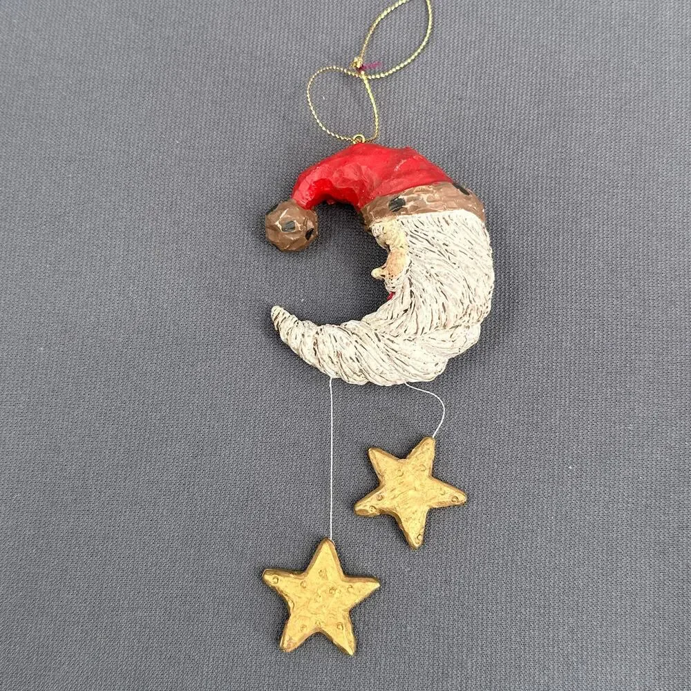 VTG Hand Painted Santa Face Ornament set 3 Red Hat Folk Art Moon Stars Resin 90s